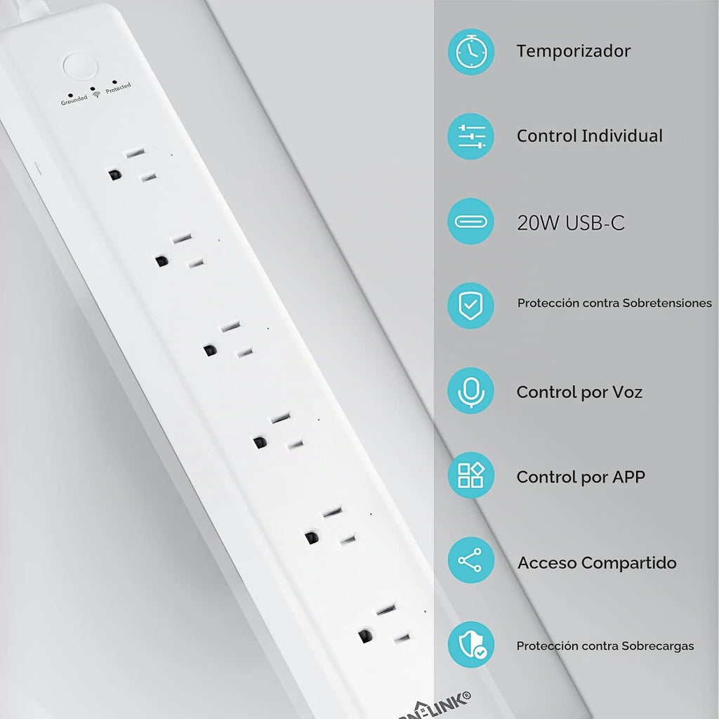 BN LINK Smart Plug Power Strip, protector de sobretensiones con 6 tomacorrientes inteligentes controlados individualmente, 4 USB (incluido USB C de 20 W), compatible con Alexa y Google Home