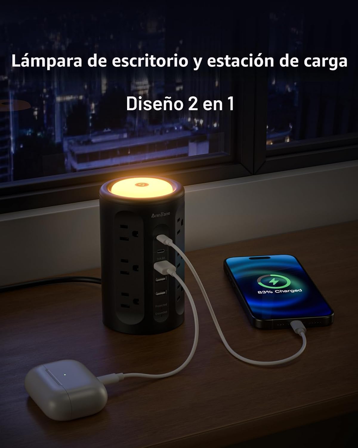 Torre de tira de alimentación AnnTane con luz nocturna, tira de alimentación con protector de sobretensiones y puertos USB, cable de extensión de 10 pies con múltiples tomas (12AC+3A+2C) para