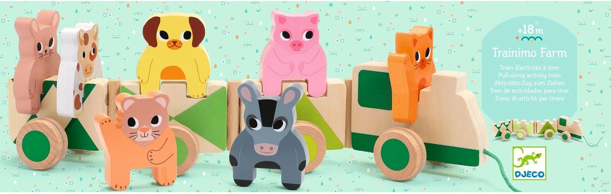 DJECO Trainimo Farm, tren de madera para niños pequeños, animales apilables