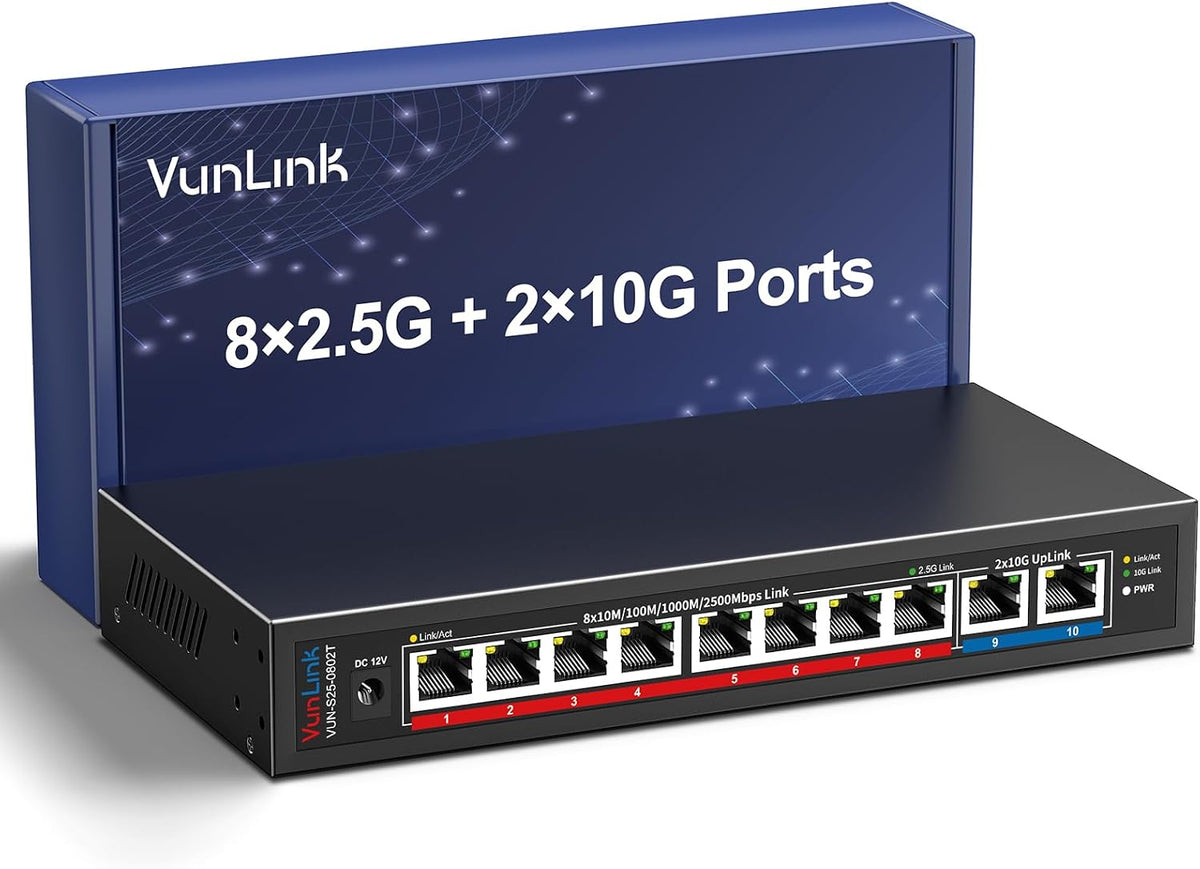 Conmutador Ethernet de 10 Gb con 8 puertos RJ45 de 2.5GbE + 2 puertos RJ45 de 10 GbE, interruptor de red multiGigabit VunLink de 10 puertos no administrado 2.5G/10G, Plug & Play, montaje en escritorio