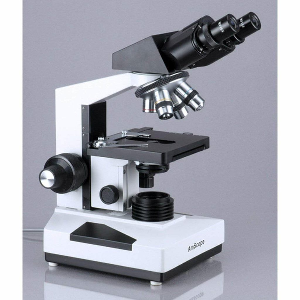 AmScope - Microscopio binocular de compuesto biológico 1600X + 50 portaobjetos + 100 cubreobjetos - B490A-50P100S