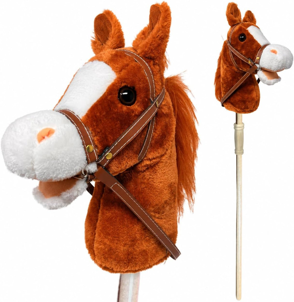 Nature Bound - Caballo de palo hecho a mano, peluche hecho a mano, pony de palo, con sonidos (marrón bahía)