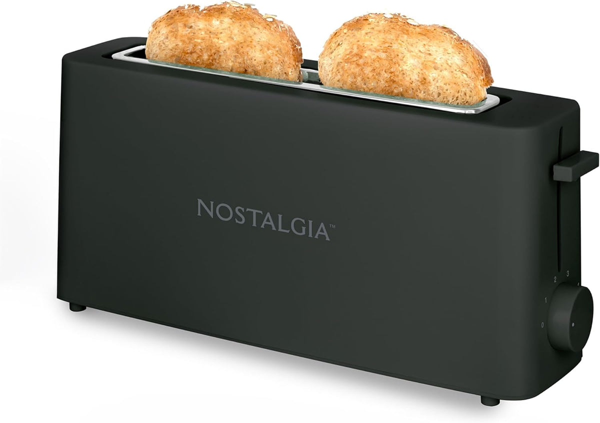 Nostalgia Tostadora delgada de 2 rebanadas, ranura ancha, diseño que ahorra espacio, esfera dorada ajustable, ranura larga de 10 pulgadas para 2 rebanadas de pan o mitades de bagel, bandeja