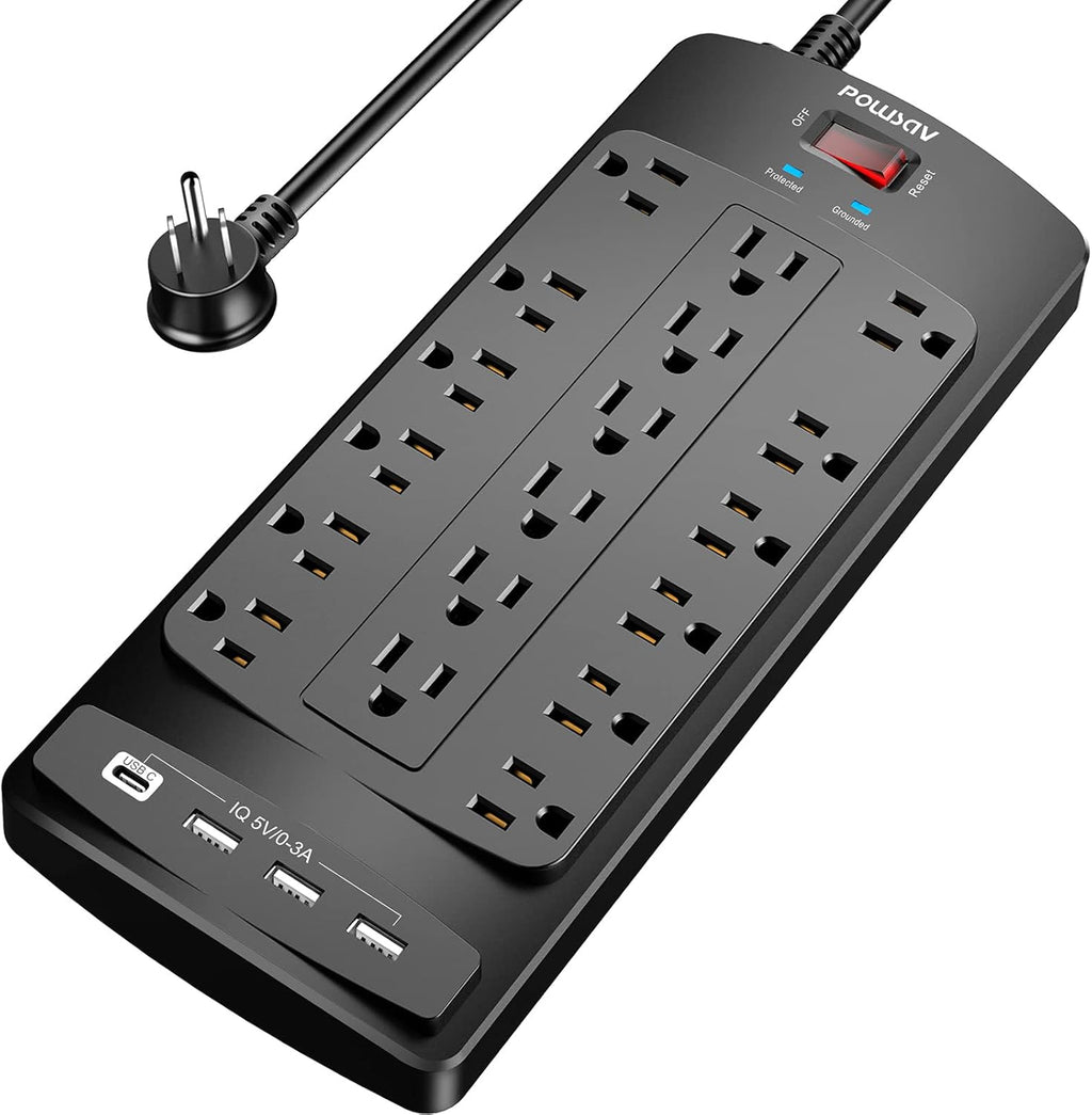 Regleta protectora de sobretensiones de 18 tomas – Cable de extensión de enchufe plano de 6 pies resistente con 18 tomas amplias y 4 puertos USB, 2100 julios, negro, certificación ETL