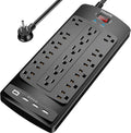 Regleta protectora de sobretensiones de 18 tomas – Cable de extensión de enchufe plano de 6 pies resistente con 18 tomas amplias y 4 puertos USB, 2100 julios, negro, certificación ETL