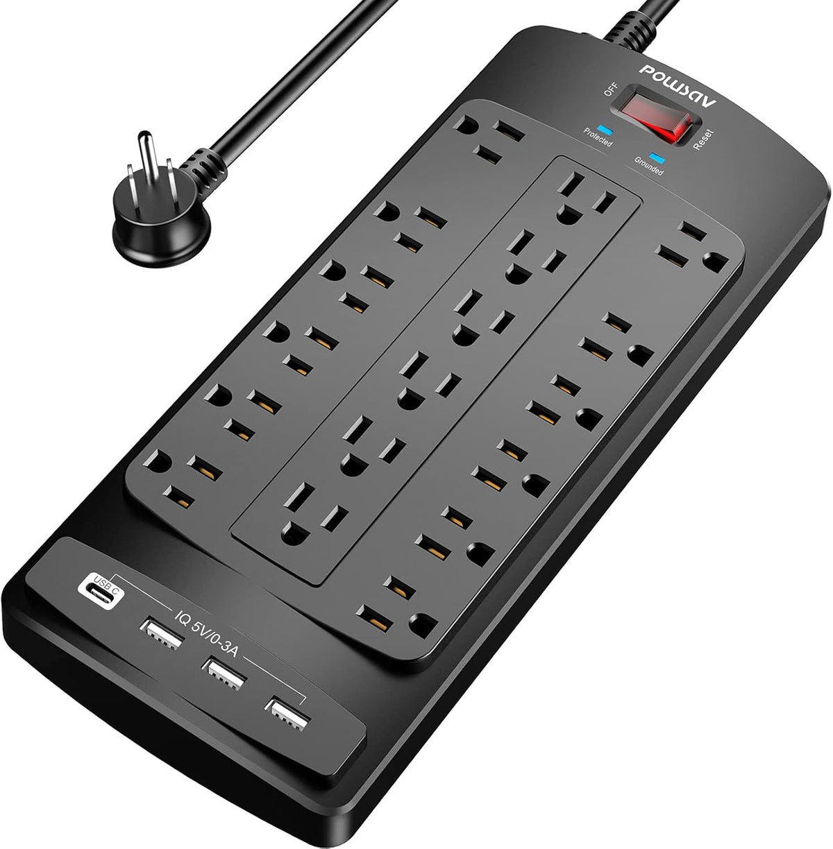 Regleta protectora de sobretensiones de 18 tomas – Cable de extensión de enchufe plano de 6 pies resistente con 18 tomas amplias y 4 puertos USB, 2100 julios, negro, certificación ETL