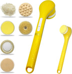 Juego de cepillos eléctricos para ducha, cepillo de baño exfoliante de mango largo para aplicador de loción de ducha para la espalda, limpiador corporal de silicona con 6 cabezales de cepillo de ducha