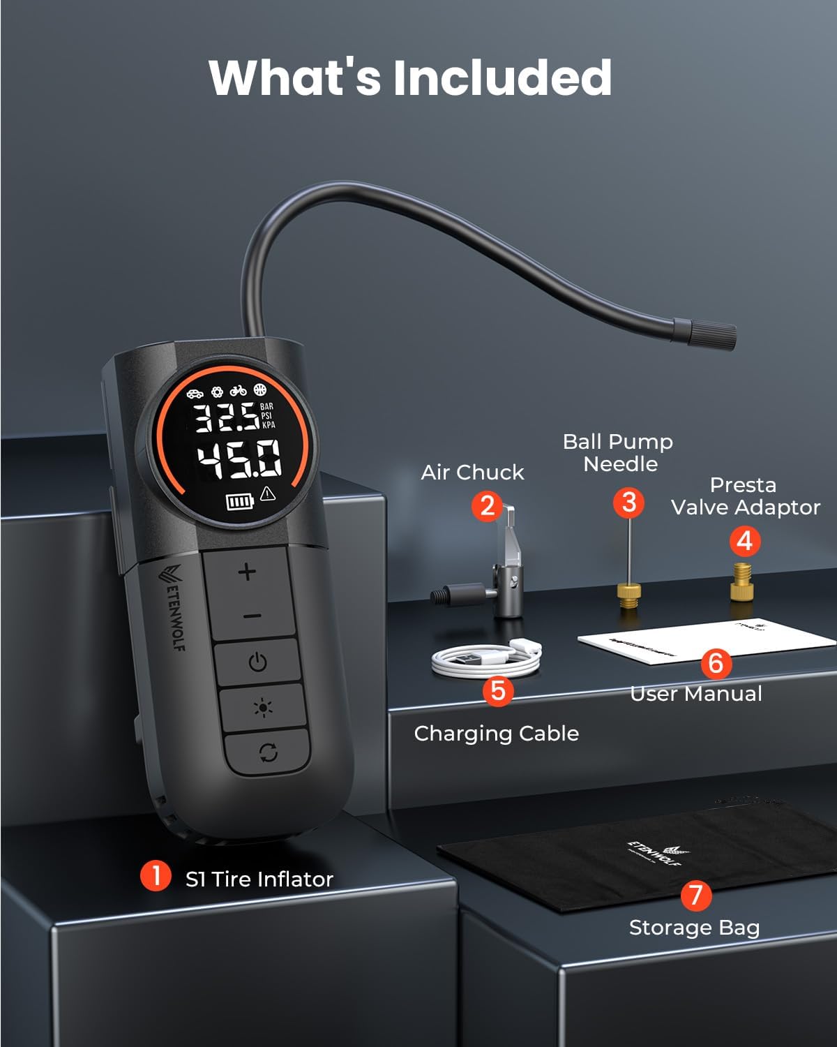 ETENWOLF S1 Compresor de aire portátil para inflar neumáticos, bomb...