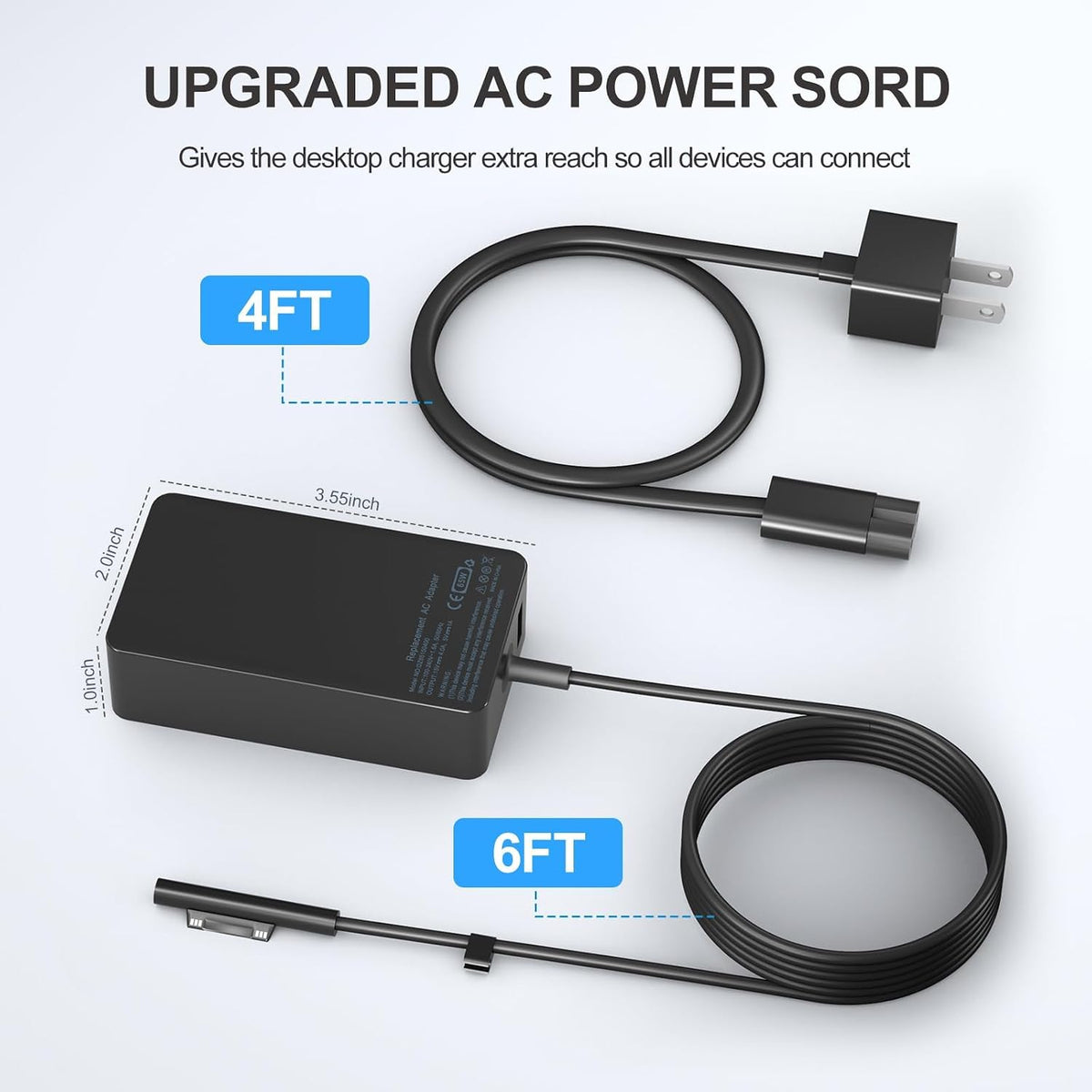 Cargador para portátil Surface Pro de 65 W, para Microsoft Surface Pro Charger Windows Surface Laptop 7, 6, 5, 4, 3, 2, para Microsoft Surface Pro10, 9, 8, 7+, 7, 6, 5, 4, 3, X, Surface Book3, 2, 1, Surface Go Tablet, compatible con 44W, 10 pies