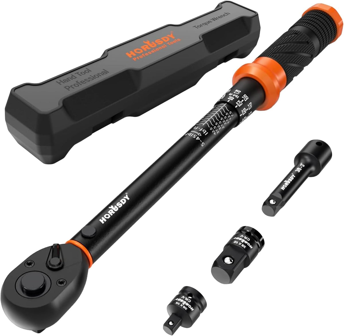 HORUSDY Juego de 5 llaves dinamométricas de 3/8" (5–45 ft-lb/ 6.8–61 Nm) – Llave dinamométrica de accionamiento de 3/8" con extensión de 3", adaptadores de 3/8" a 1/4" y de 3/8" a 1/2", estuche para