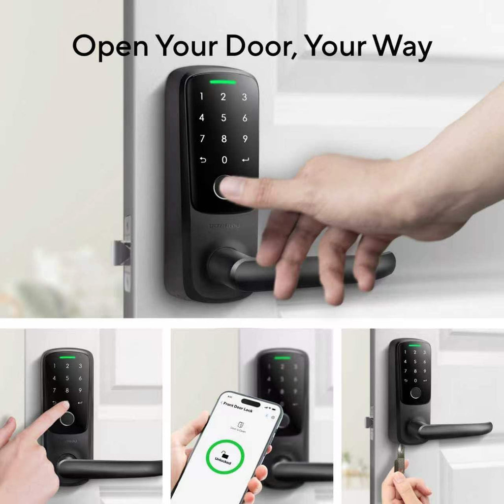 ULTRALOQ Latch 5 Smart Lock, la primera cerradura de palanca inteligente WiFi del mundo, bloqueo automático, teclado digital con pantalla táctil, manija de puerta de huellas dactilares para puerta