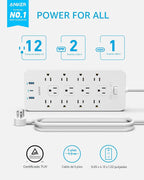Anker Power Strip con 2100J Surge Protector, Outlet Extender, 20W, 12 AC