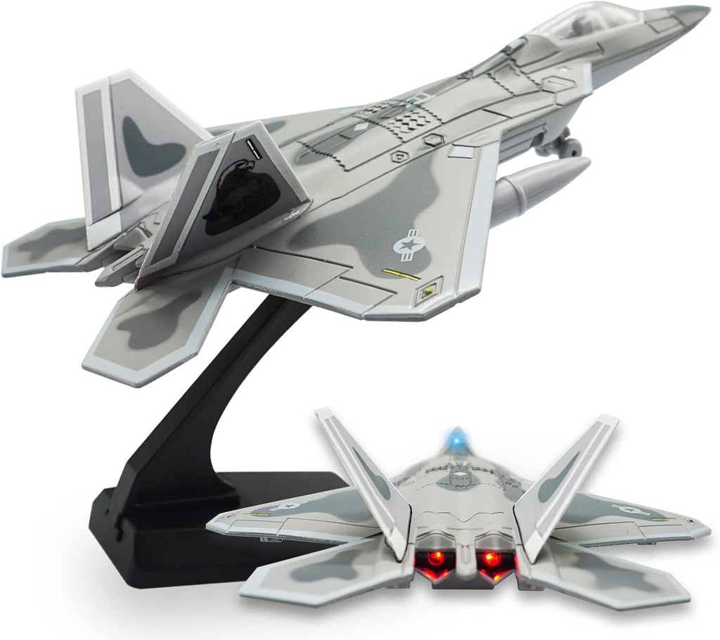 Avión de combate F-22 Raptor Fighter Bomber Diecast Avión militar 1/100 Modelo de avión con luces y sonidos para niños