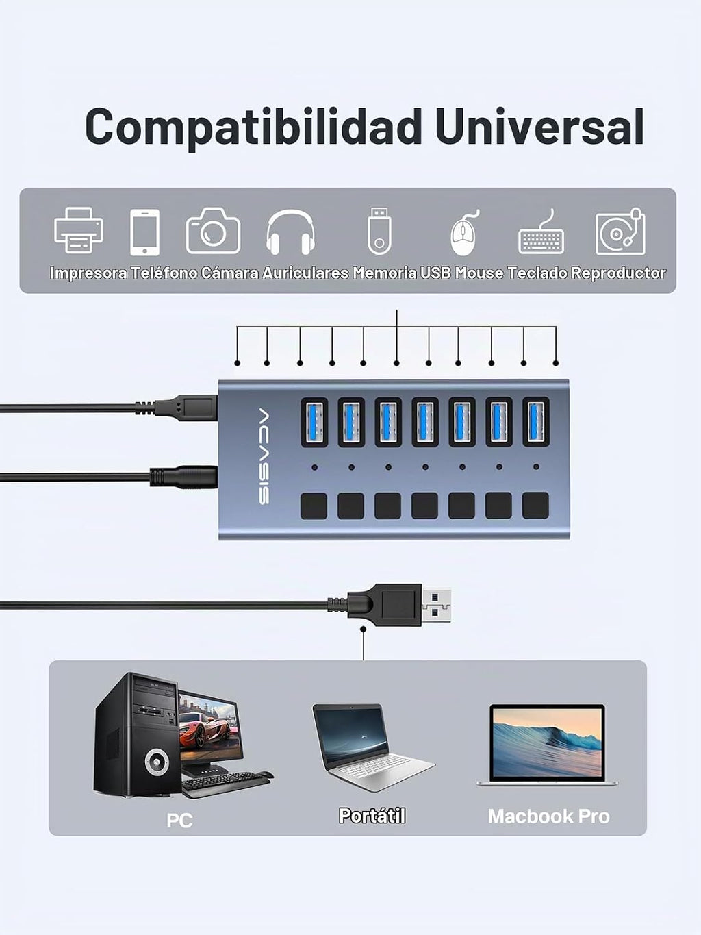 ACASIS, HS707MG-10G, hub USB 3.2 de 7 puertos, alimentado