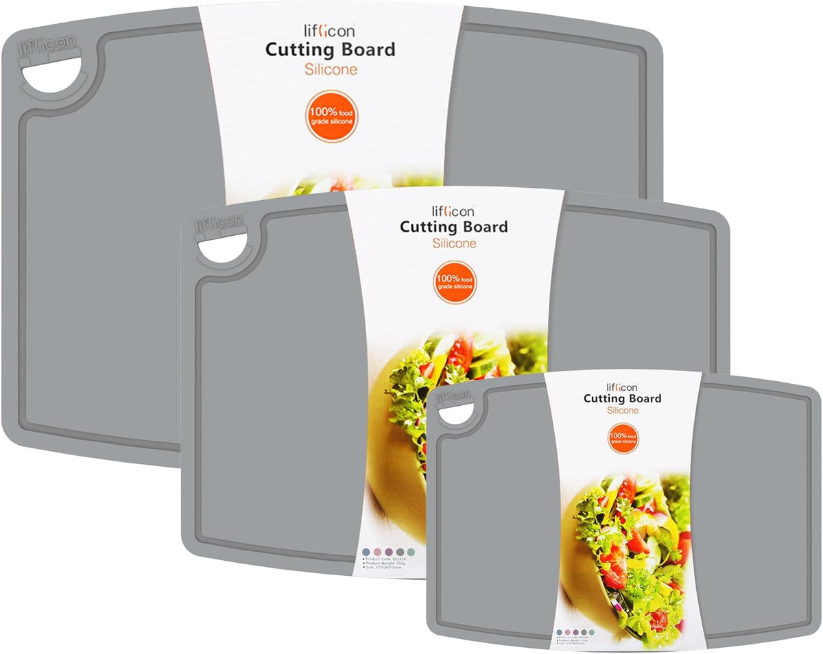 Tablas de cortar de silicona gruesas, juego de 3, diseño plegable y flexible con ranuras para líquidos, asa de fácil agarre, aptas para lavavajillas para cocina, libres de BPA, tabla de