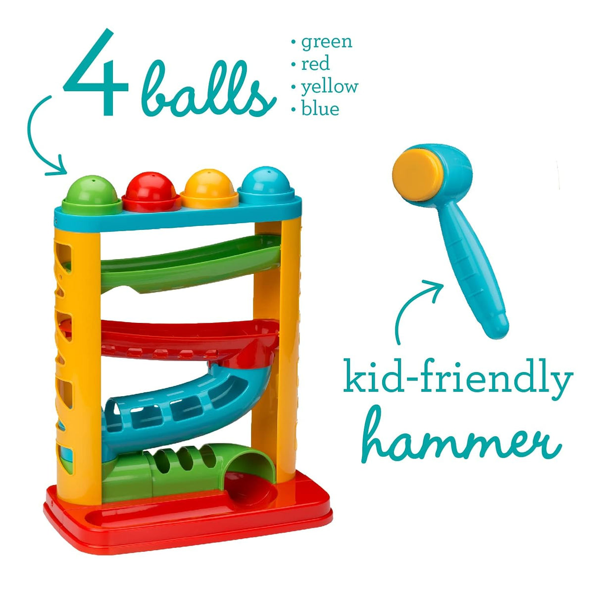 Infantino Bop & Drop Ball Tower - Juguete de actividad con martillo y 4 bolas, 12 meses