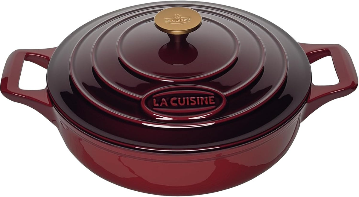 La Cuisine - Sartén de hierro fundido esmaltado, horno holandés poco profundo con perilla dorada para tapa interna esmalte negro mate, 3.75 cuartos de galón de 11 pulgadas de diámetro, apto para horno 550°F/528.8 °F, arándano
