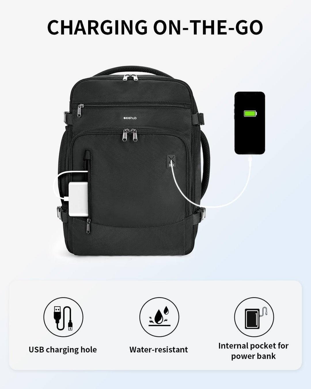 ECOHUB Mochila de viaje Mochila de mano, Negro-2, Mochilas de viaje