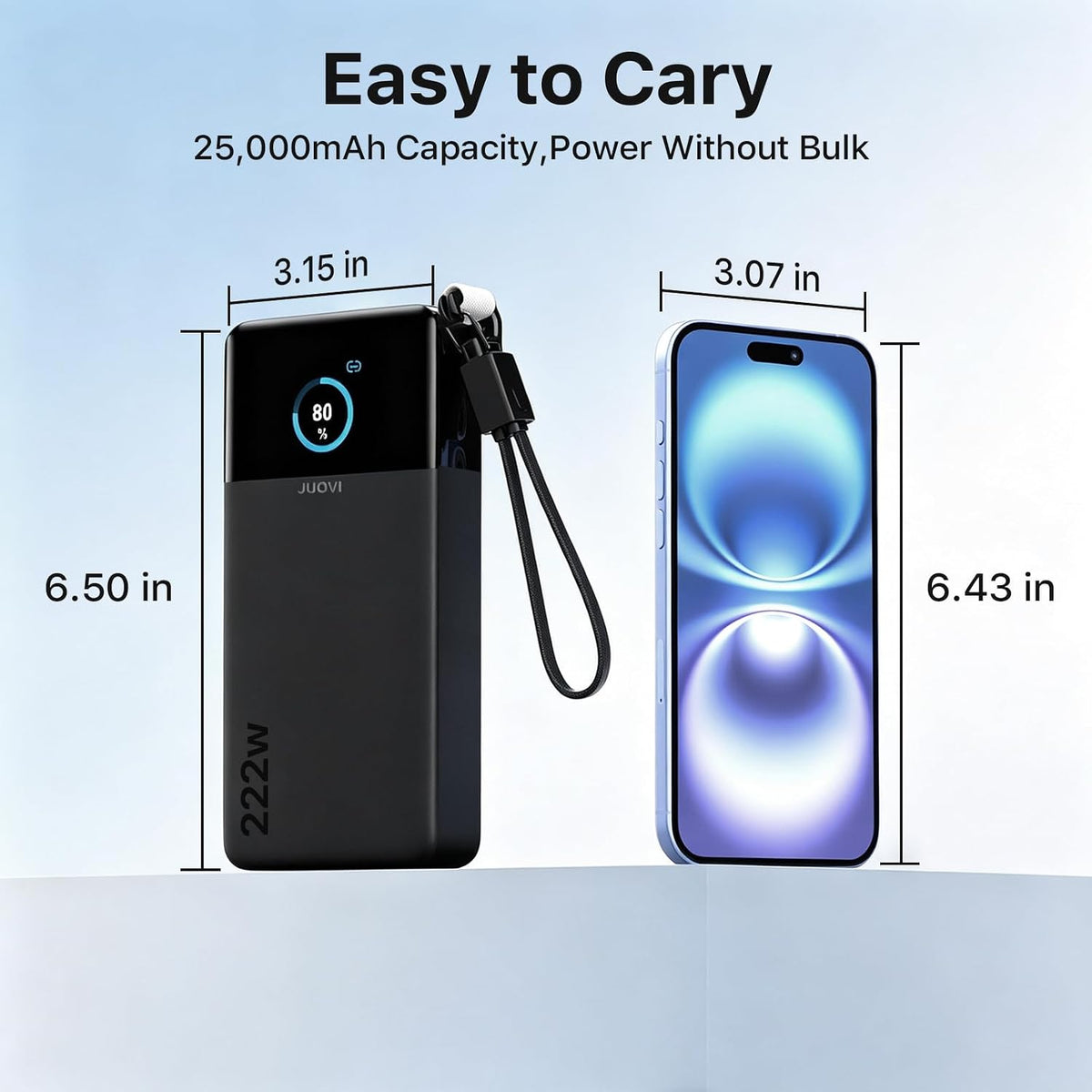 JUOVI Cargador portátil de 222 W, cargador portátil de 25000 mAh con cable USB-C, 222W, Negro