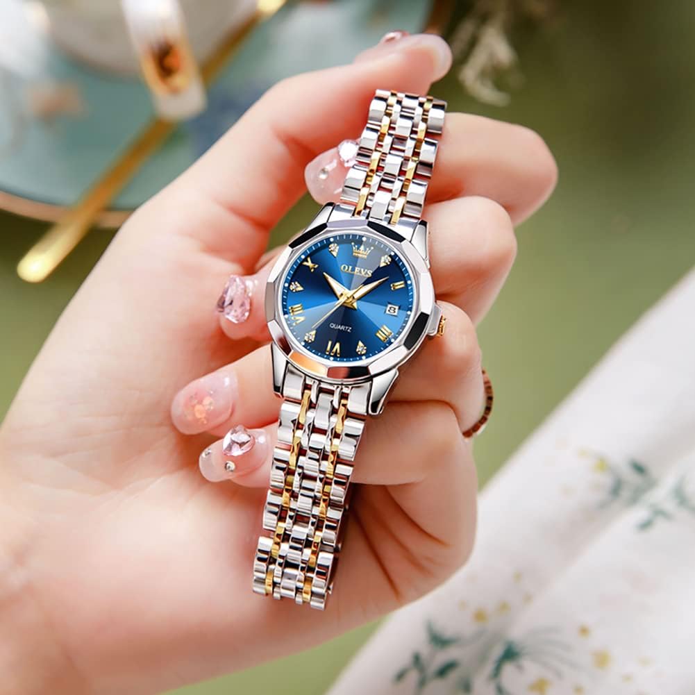 OLEVS Reloj para Mujer Moderno de Moda con Diamantes para Damas Analógico, Acero Inoxidable, Resistente al Agua, Luminosa, Día, Fecha, Dos Tonos