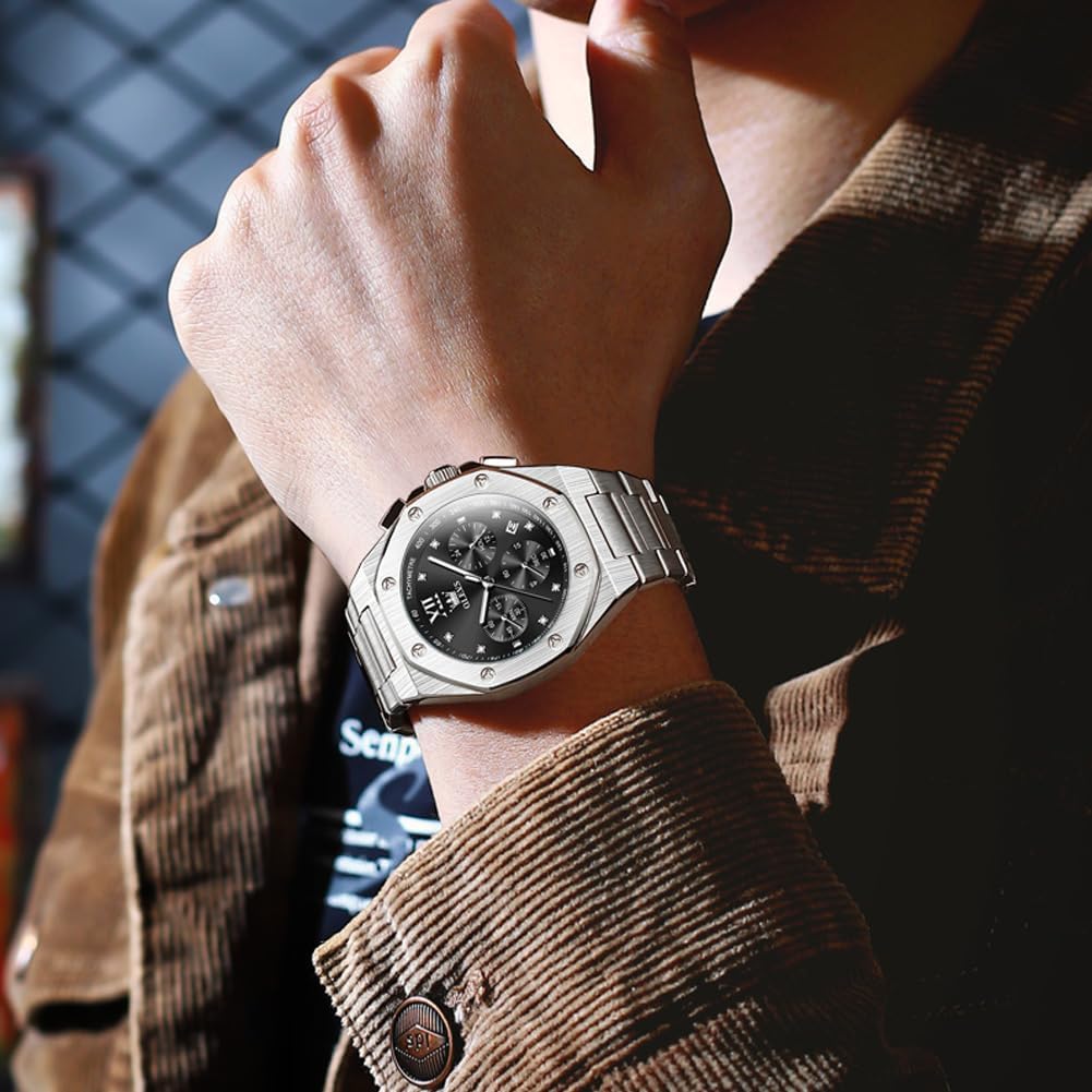 OLEVS Reloj para hombre Big Face Acero inoxidable Impermeable Luminoso Diamante