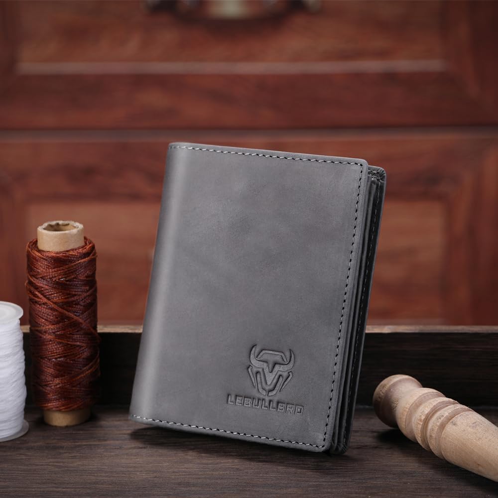 LEBULLBRO Cartera de cuero genuino plegable con bloqueo RFID de gra...