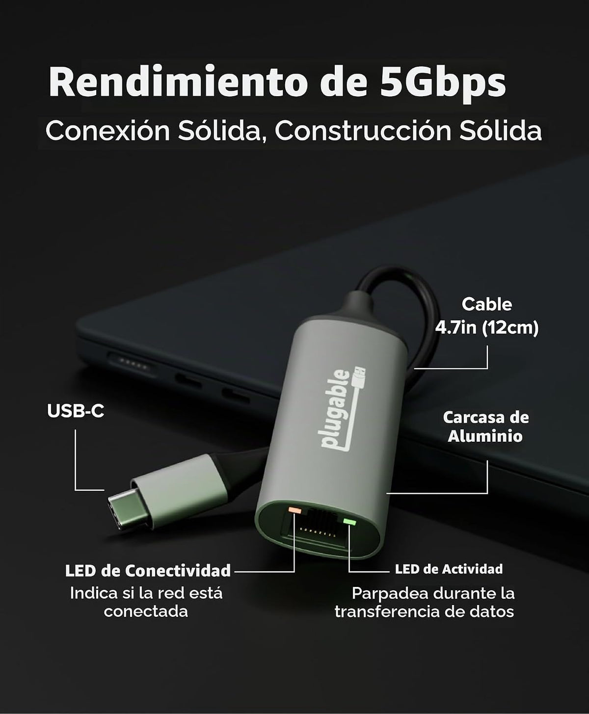 Adaptador USB-C a Ethernet de 5 Gbps enchufable, conectar y usar Realtek