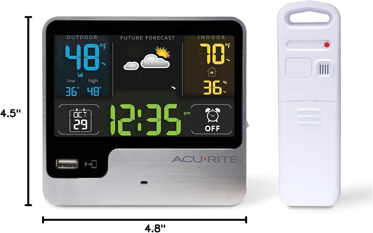 AcuRite 01129M Reloj despertador con cargador USB, temperatura exterior y pronósticos meteorológicos