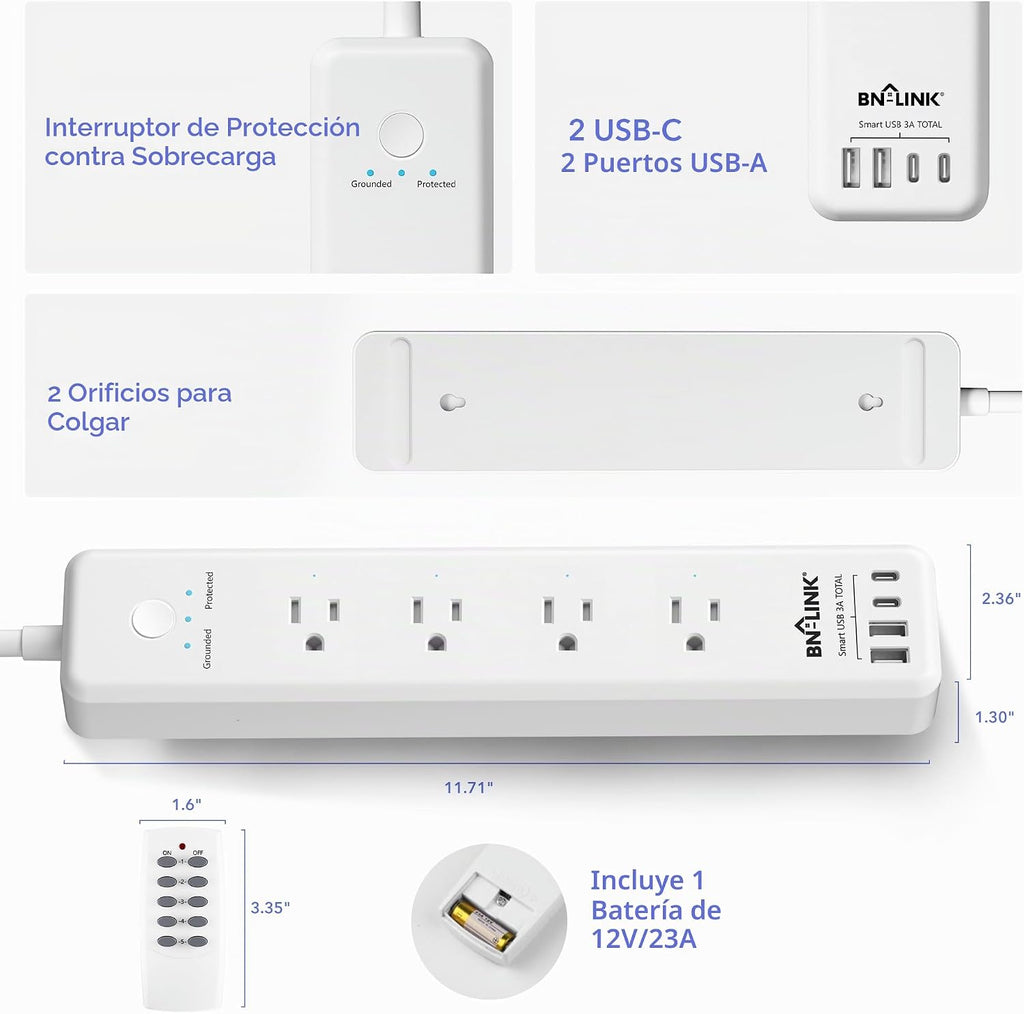 BN-LINK Regleta de control remoto con 4 tomacorrientes independientes, 4