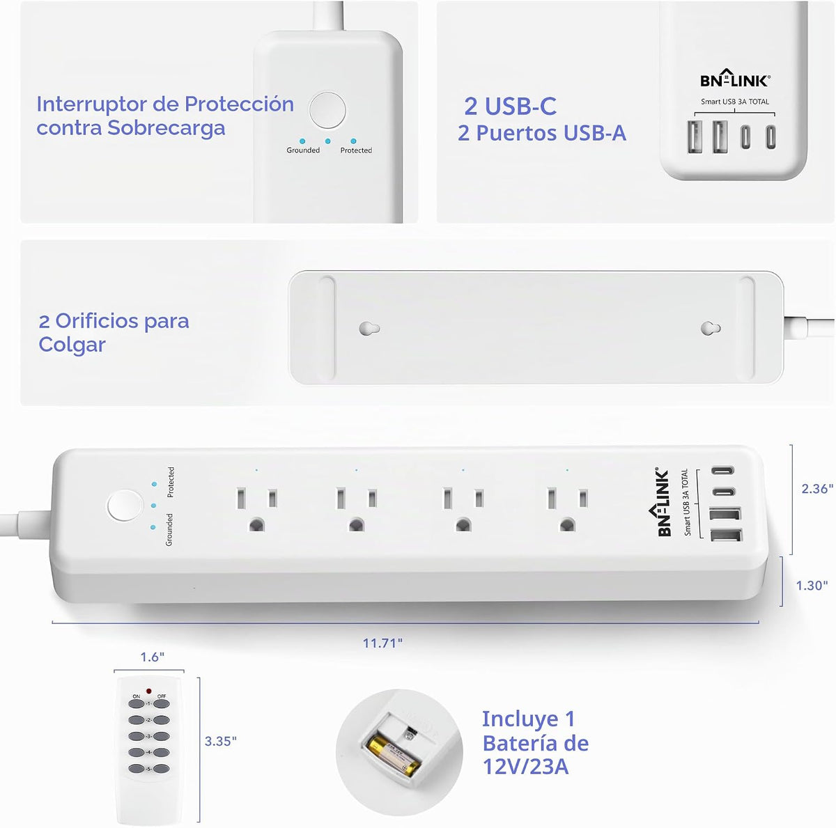BN-LINK Regleta de control remoto con 4 tomacorrientes independientes, 4
