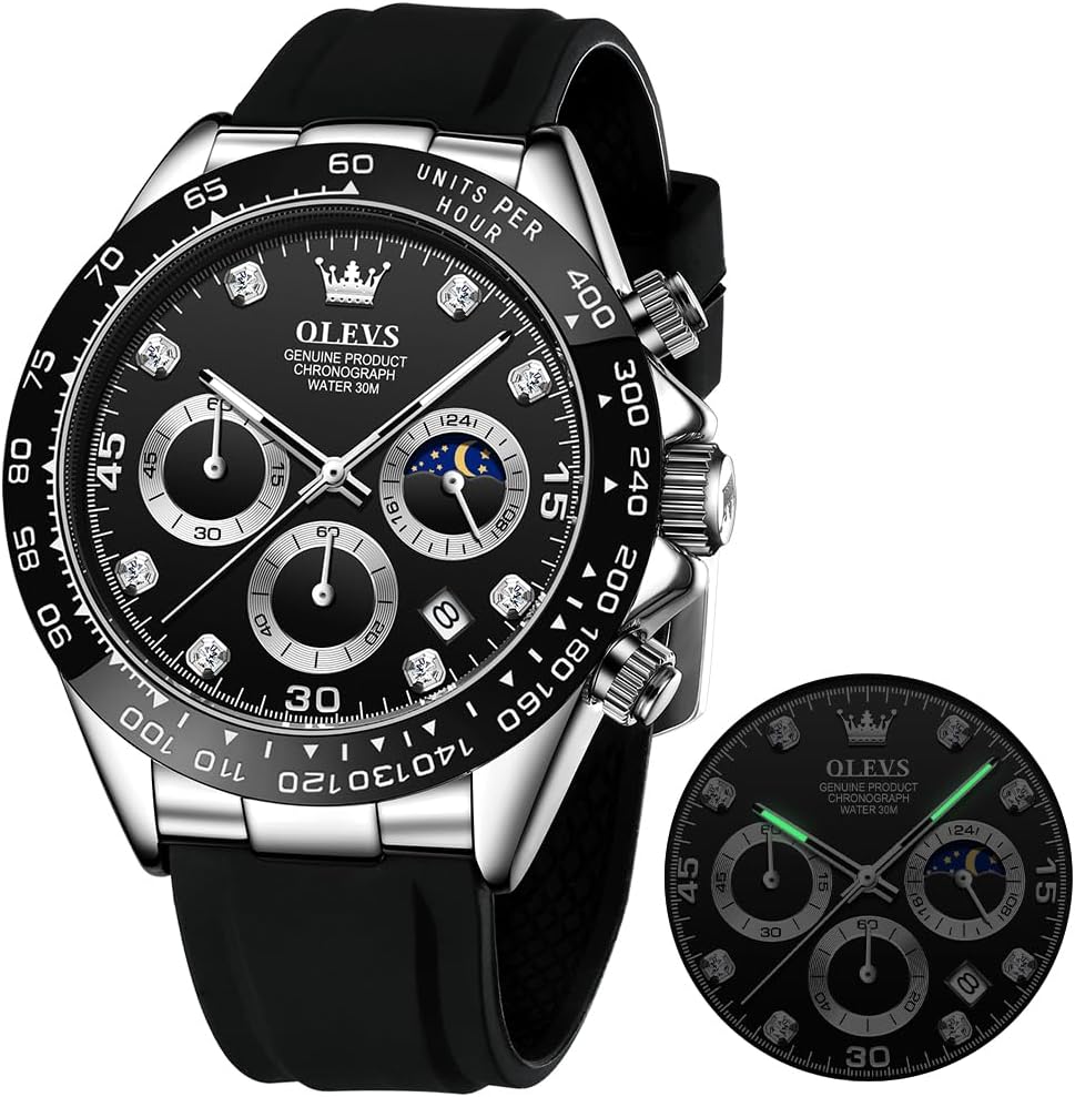 OLEVS Relojes Cronógrafo Masculinos de Moda Empresarial Analógico Quartz Reloj de Pulsera para Hombre, Cinturón de Silicona a prueba de agua con Luminiscente, Calendario