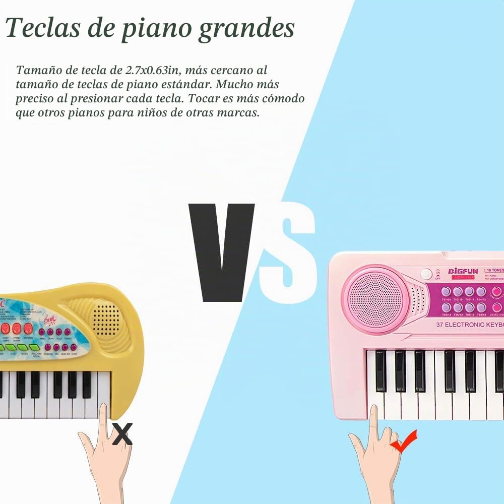 Teclado de piano recargable para niños, 37 teclas con micrófono e