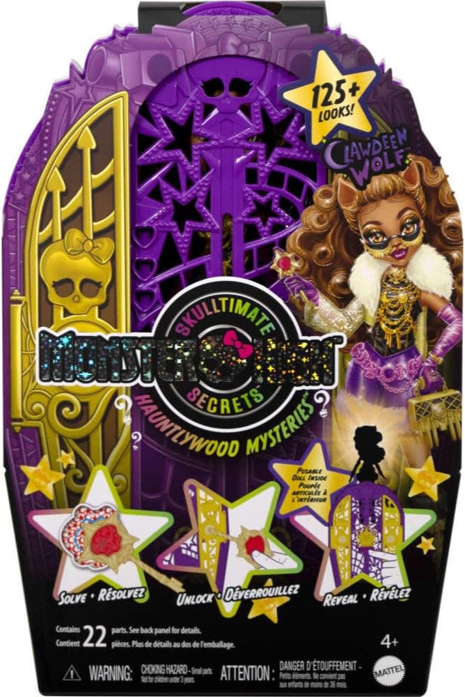 Monster High Skulltimate Secrets - Juego de muñecas y accesorios, Hauntlywood Mysteries Clawdeen Wolf con armario revelador y más de 19 sorpresas glamorosas como ropa de muñeca
