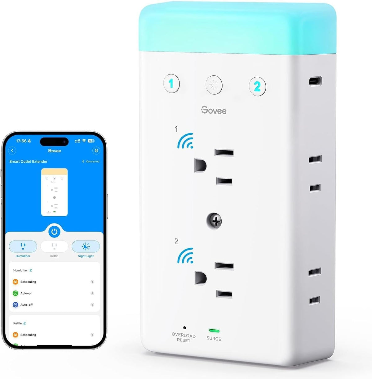 Lámpara Extensión de enchufe inteligente Govee, tira de alimentación inteligente de 3 lados con 2 tomas inteligentes y 2 puertos USB con luz nocturna RGB, control por aplicación y voz, protección contra