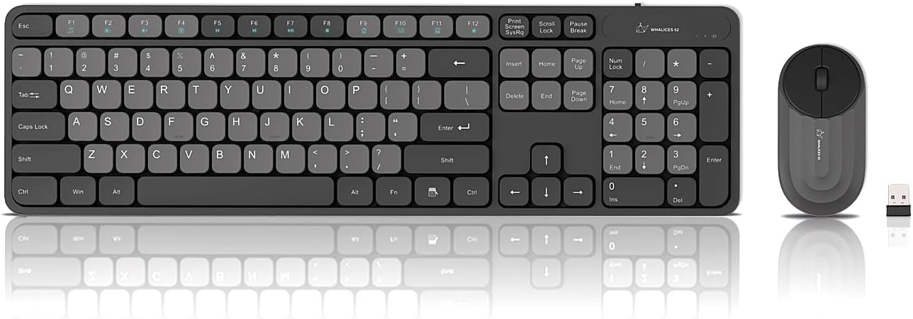 Whalices 52 Combo de teclado y mouse inalámbricos, teclas planas gr...