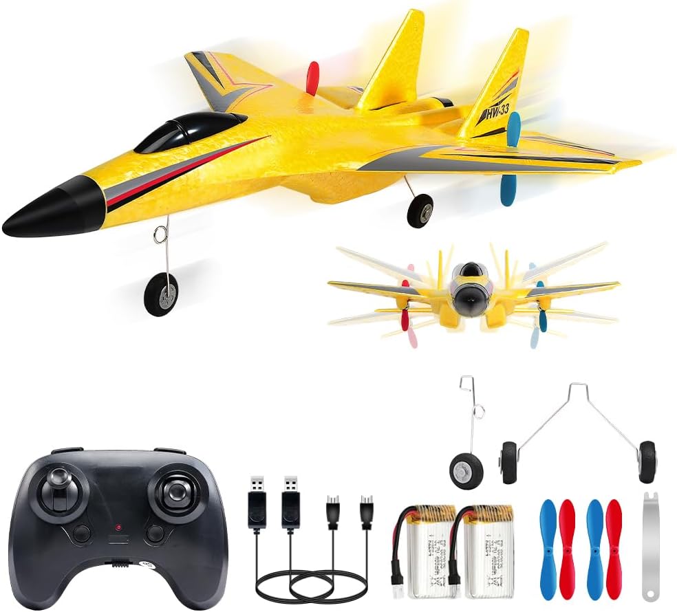 SU-27 Avión RC de 2.4 GHz, avión de control remoto de 2 canales con luces nocturnas giroscopio y 2 baterías, fácil de volar para adultos, principiantes y niños, juguete amarillo