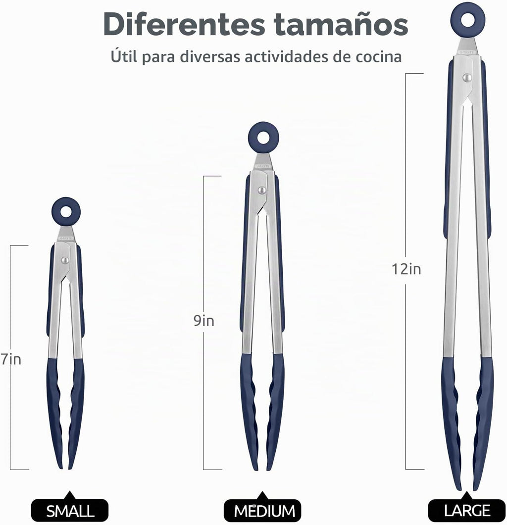 U-Taste Pinzas de Cocina para Cocinar, Resistencia al Calor de 600ºF, 3Pcs/Azul Medianoche