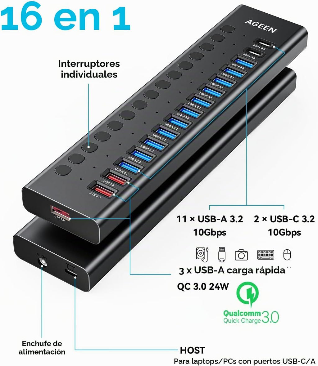 AGEEN, MKI-1200800C8, hub USB 3.2 de 16 puertos, alimentado
