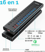 AGEEN, MKI-1200800C8, hub USB 3.2 de 16 puertos, alimentado