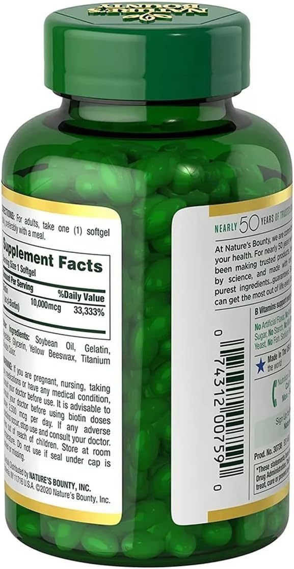 Nature's Bounty Biotina 10,000 mcg, 250 cápsulas blandas de lib...