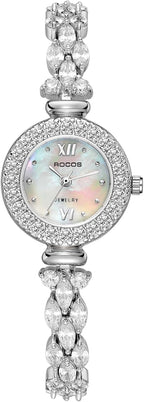 ROCOSJEWE S2020 Reloj de pulsera de lujo con diamantes para mujer, reloj de vestir plateado para mujer, reloj de pulsera de esfera natural con esfera de madreperla pequeña, movimiento de cuarzo, joyería de moda