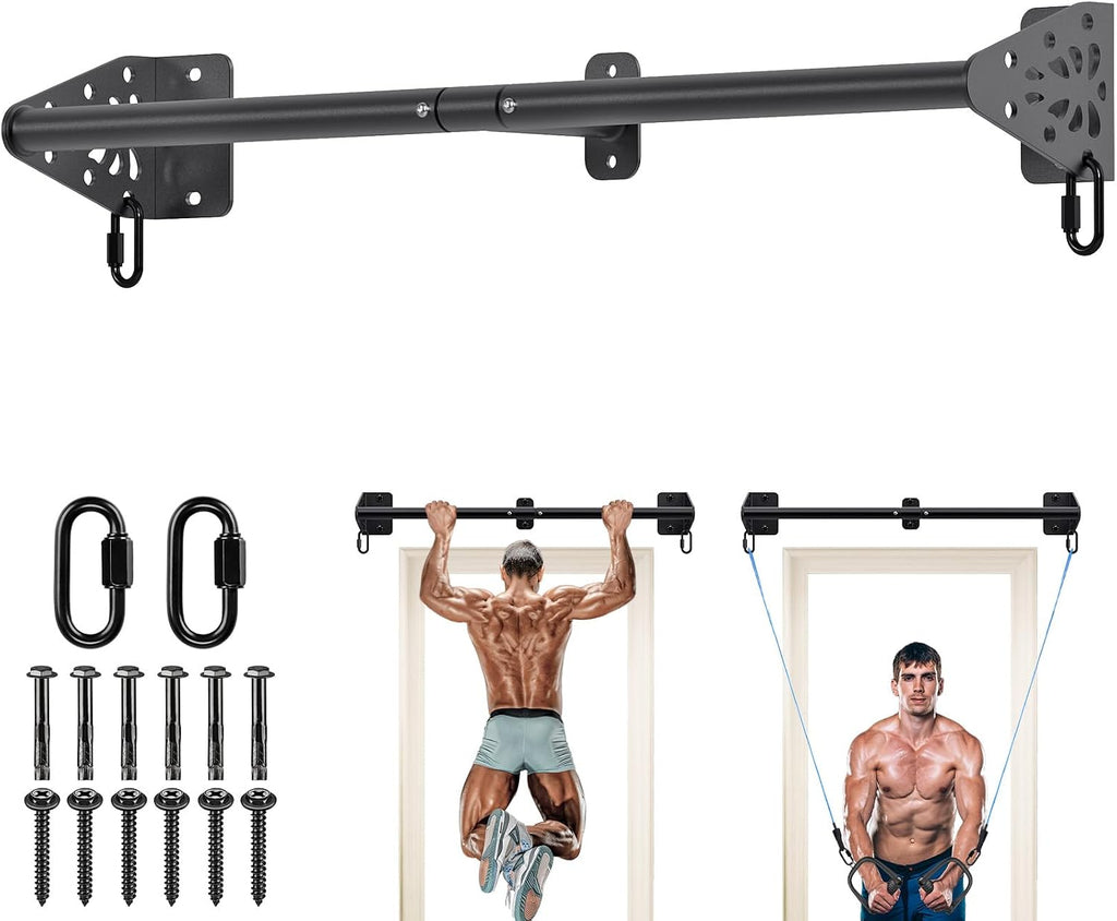 Kipika Barra de Dominadas para Pared - Barra de Tracción de Ubicación en Puerta, Capacidad de 500 LB, Construcción de Acero Reforzado para Gimnasio en Casa, Resistente con Ganchos para Bandas de Resistencia | Barra de Ejercicio Colgante para Entrenamiento