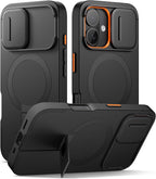 SURITCH Funda para iPhone 16 con cubierta magnética para cámara deslizante y soporte ajustable, compatible con MagSafe, funda protectora delgada a prueba de golpes de 6.1 pulgadas, color negro