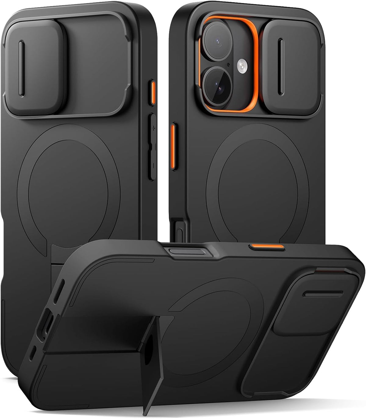 SURITCH Funda para iPhone 16 con cubierta magnética para cámara deslizante y soporte ajustable, compatible con MagSafe, funda protectora delgada a prueba de golpes de 6.1 pulgadas, color negro