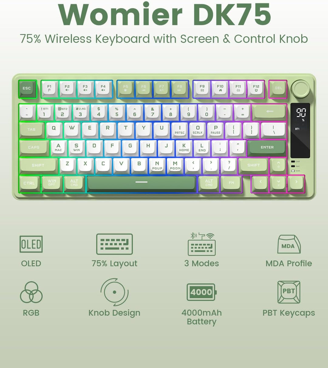 Womier DK75 75% Wireless Gaming Keyboard, RGB Backlit Creamy Keyboa...