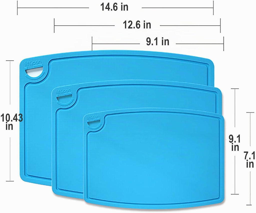 Juego de 3 alfombrillas gruesas de silicona para tablas de cortar, diseño plegable y flexible, ranuras para jugos, mango de fácil agarre, apto para lavavajillas, para cocina, sin BPA, azul