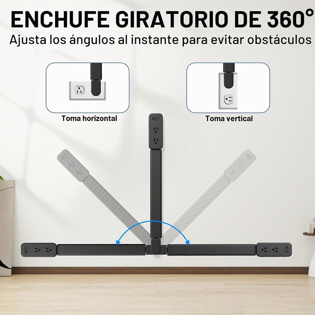 Extensor de toma de corriente eléctrica: cuenta con USB-A, USB-C y 2 salidas de CA, se extiende de 22 a 34 pulgadas, gira tomas de acceso de 180° de difícil acceso, enchufe de pared, mesitas de noche