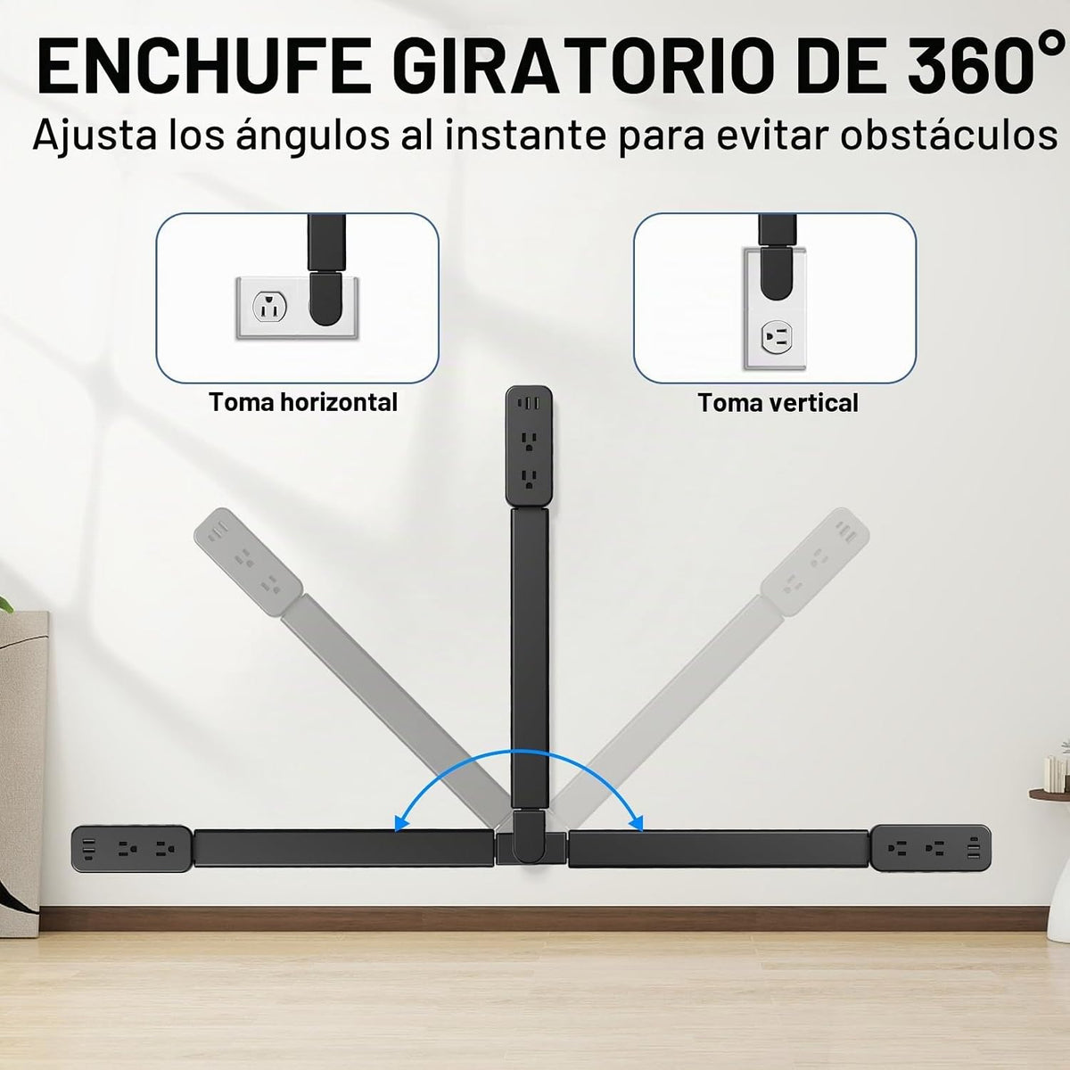 Extensor de toma de corriente eléctrica: cuenta con USB-A, USB-C y 2 salidas de CA, se extiende de 22 a 34 pulgadas, gira tomas de acceso de 180° de difícil acceso, enchufe de pared, mesitas de noche
