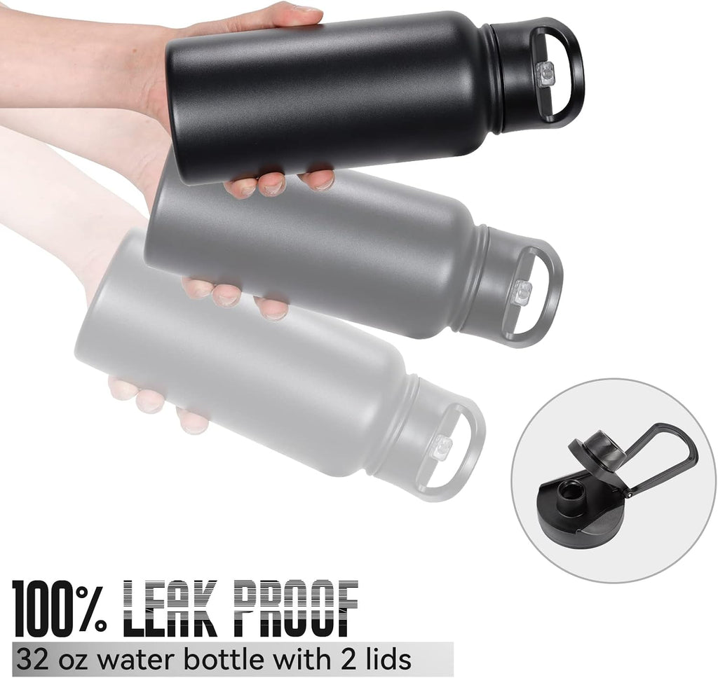 Botella de Agua Aislada de 32 oz Paquete a Granel de 8, Botellas de Agua Deportivas de Acero Inoxidable con Tapa de Pajita y Tapas de Boca Ancha, Vacío de Doble Pared, A Prueba de Fugas, Negro