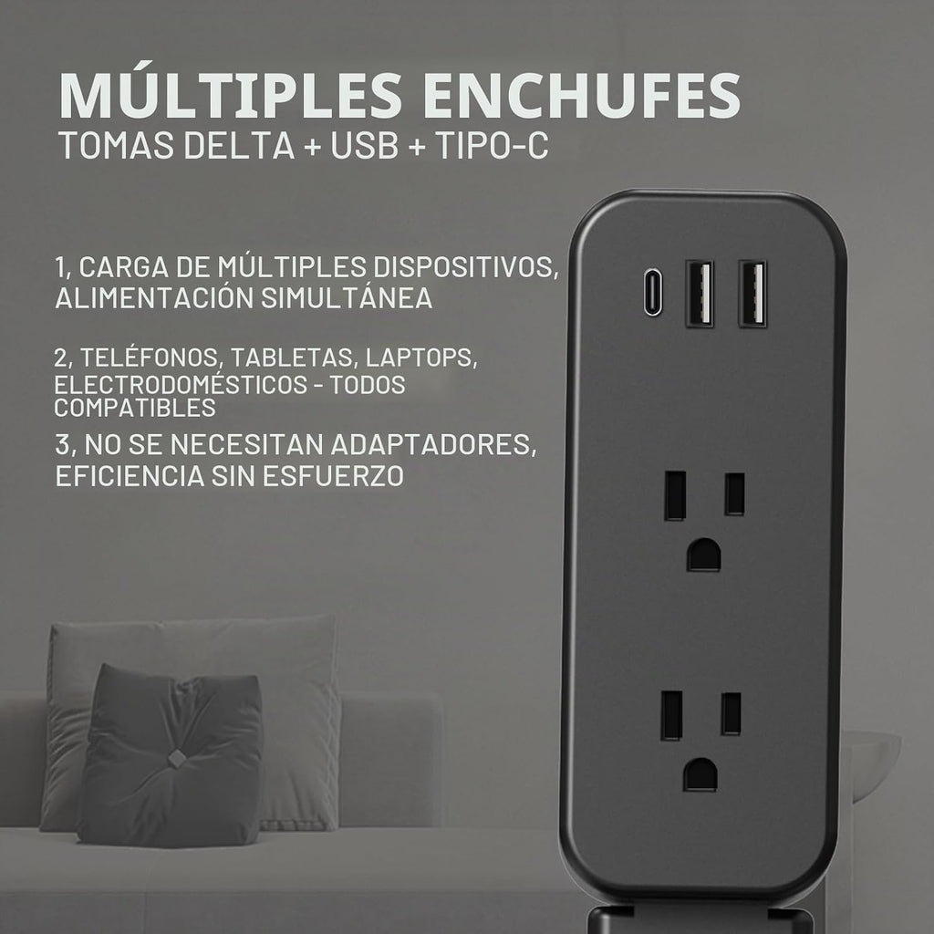 Extensor de toma de corriente eléctrica: cuenta con USB-A, USB-C y 2 salidas de CA, se extiende de 22 a 34 pulgadas, gira tomas de acceso de 180° de difícil acceso, enchufe de pared, mesitas de noche